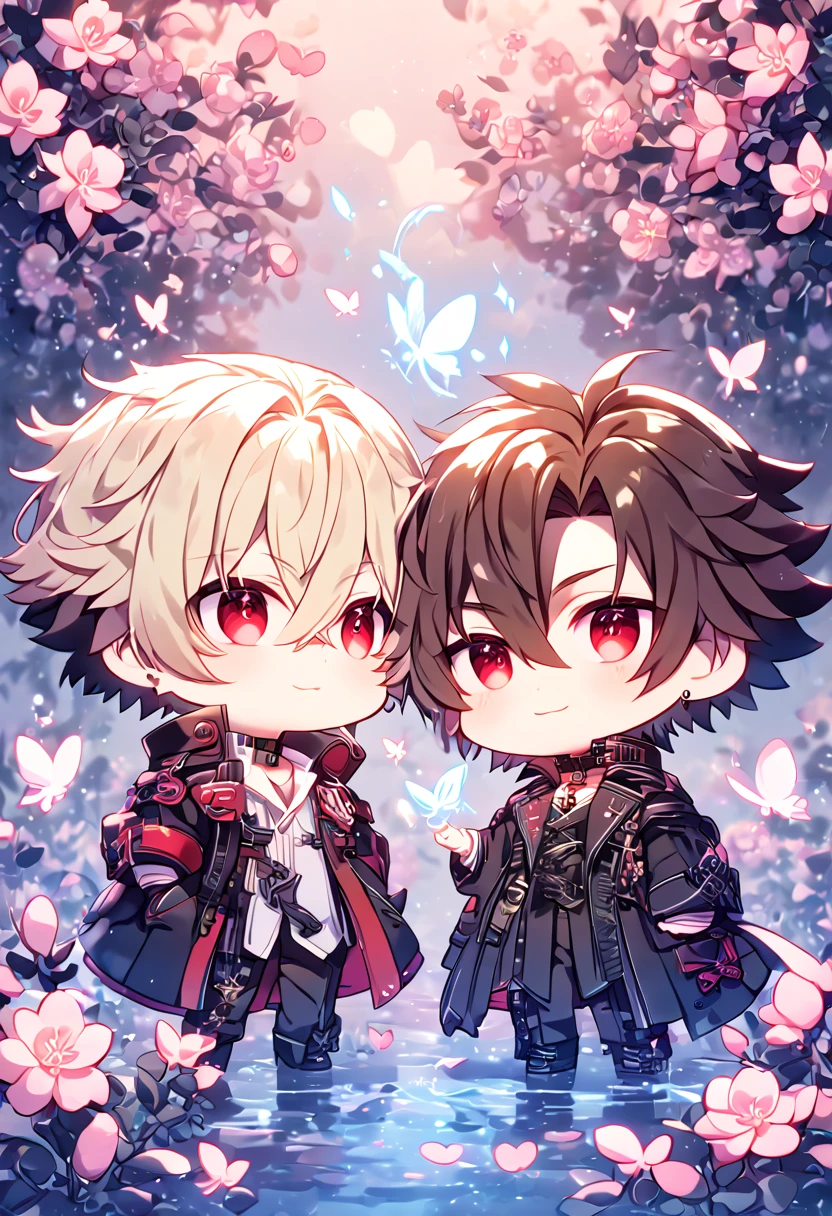 absurdres, highres, ultra detailed, HDR, master piece, best quality, extremely detailed face, delicated features, Julius Visconti chibi, ash-blonde messy hair, short hair, hair that has bangs hanging on the left side, hair between the eyes, God Eater 2, Vincent Rain chibi, brown hair, expressive red eyes, two boys together, gay couple, yaoi, cute, a black collar with gold buckle, black coat, with gold accents, white shirt, water, blossoms, pink flowers, pink butterflies, fantasy, magic, radiant