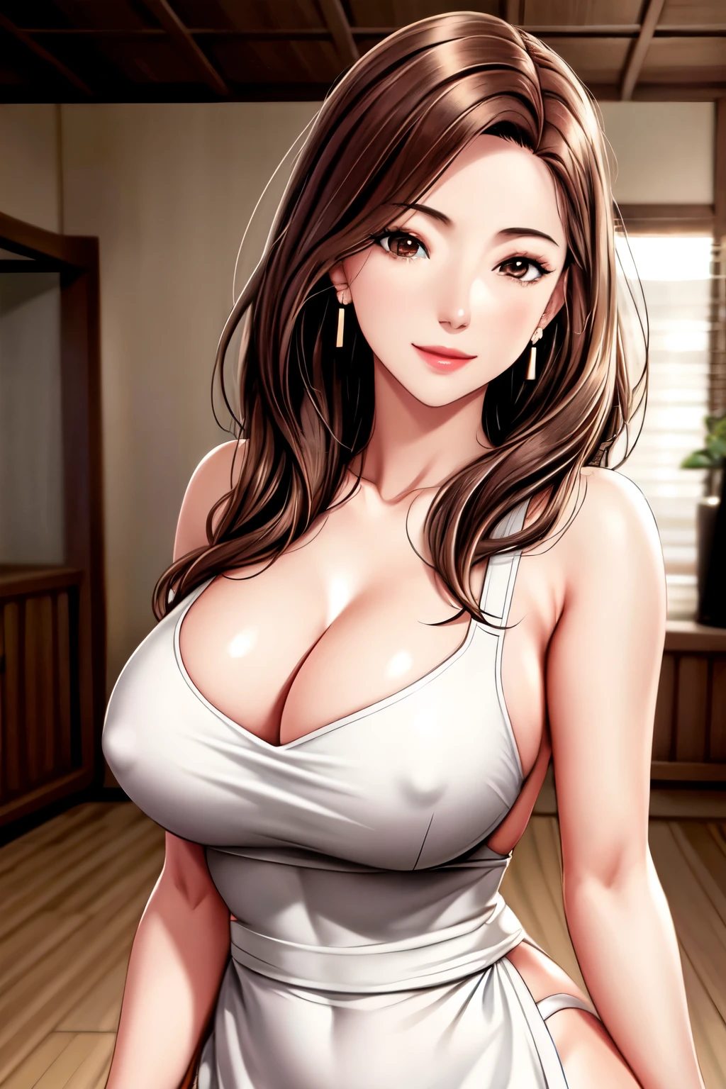 naked apron, 1 Girl,Solitary,Mature female,Brown hair,Brown eyes, Long hair,有Light泽的皮肤,Jewelry,earrings, breast, 裂解Face红 ,large Chest, Young women,Fair Finger,Fair long legs,Fair Body,Fair Nose,Fair character design, Perfect eyes, perfect Face,Expressive eyes, Looking at the audience,(lead_Body),(Focus on her Face), Official Art,Extremely detailed CG unity 8k wallpaper, Perfect Lighting,rich and colorful, bright_front_Face_Light,發Light的皮膚, (masterpiece:1.0),(the best_quality:1.0), Ultra-high resolution,4K,Very detailed, photography, 8K, Human Development Report, high resolution, absurd:1.2, Kodak Portrait 400, Film Grain, Blurred background, Bokeh:1.2, 鏡頭Light暈, (Energetic_color:1.2) (Fair,Target_Chest:1.2), (Fair_Face:1.5),(narrow_waist), Smile, Happy, full body