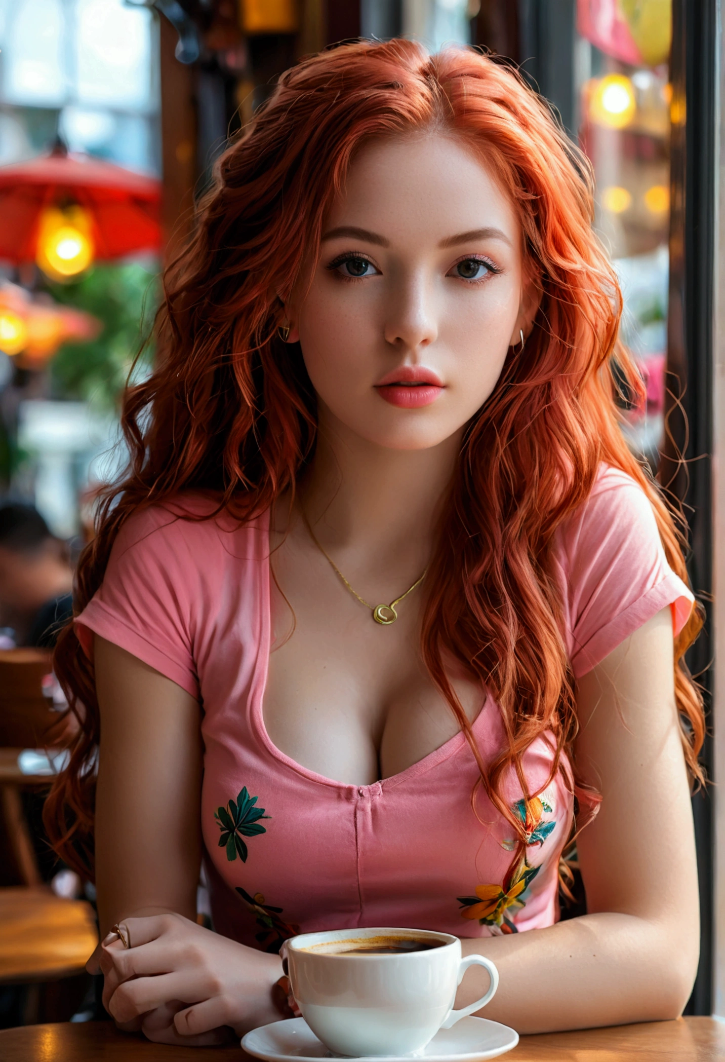 ultra realistic, photography, long red hair, girl, 24 years old, hourglass figure, perfect body, Flirty look, extremely detailed artgerm, in the style artgerm, natural breasts, facing the camera, Nikon z fx, lens 35 mm, blur background, sitting at a table in a cafe, cute pink t-shirt, short black skirt, coffee cup on table
