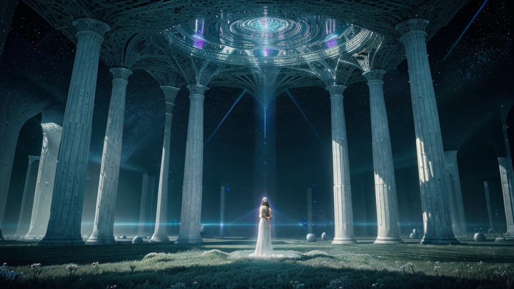 A lone woman, bathed in the ethereal glow of the fifth dimension, stands lightly levitating in the distance in front of an immense, ultra-realistic portal of light and intricate otherworldly landscape. The vast white expanse of this other-dimensional space exudes a sense of peace, tranquility, liberation and harmony. The woman, appears to be in communion with this hypnotic realm, and her presence adds a touch of fascination and awe to the scene. The highly detailed and luminous environment, filled with dreamlike shapes and flora, further emphasizes the otherworldly beauty of this dimension.