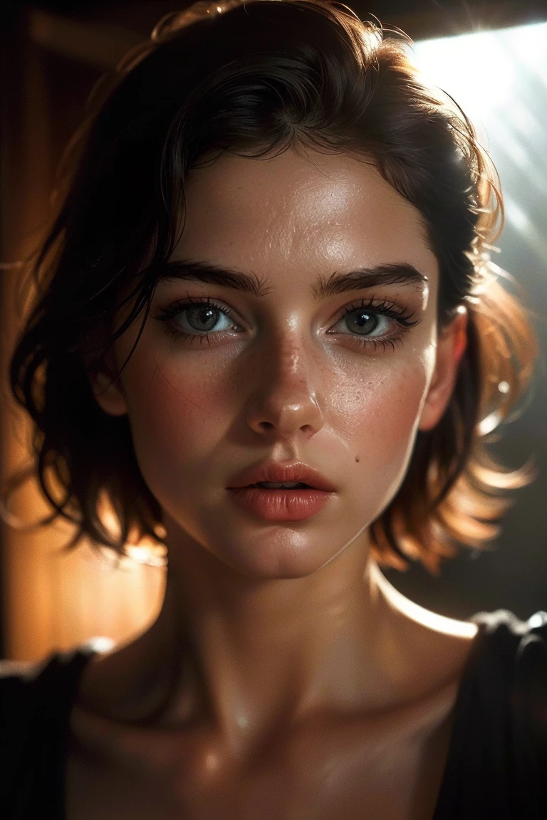 (((ultra realistic))) Photo, masterpiece, top quality, (pale skin), (Ultra detailed face and eyes:1.3), 1 girl in a T-shirt, (Eye makeup, mascara) , ((large detailed lips)), ((Dark hair)), ((Chyolka)) , (Natural breasts). ((Posing)), photoshoot, studio (soft lighting), (The play of light and shadows), depth of field, bokeh, (special attention to skin detail: 1.2), Detailed leather texture, skin pores. (Warm atmosphere of the frame. Color range - black, Red, Yellow tones), ((Film grain)), ((rays)), ((glare from the sun)), ((waist up portrait, close to the camera)) , ultra detialed,
