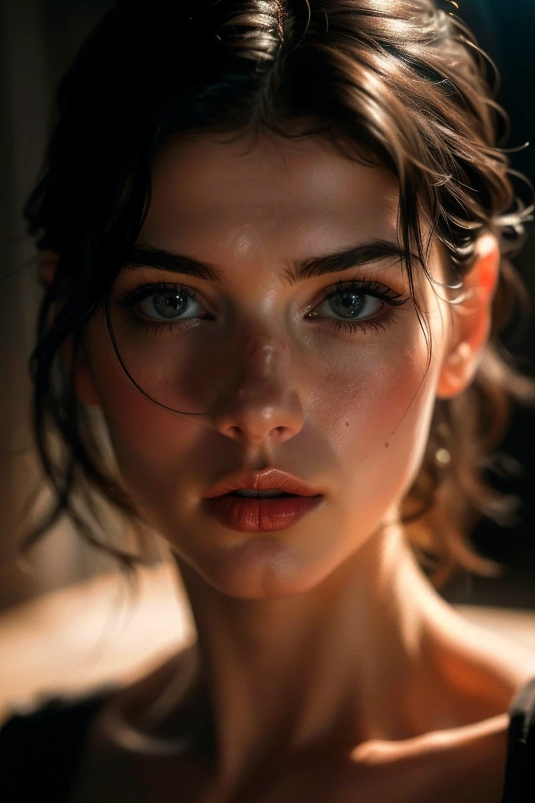 (((ultra realistic))) Photo, masterpiece, top quality, (pale skin), (Ultra detailed face and eyes:1.3), 1 girl in a T-shirt, (Eye makeup, mascara) , ((large detailed lips)), ((Dark hair)), ((Chyolka)) , (Natural breasts). ((Posing)), photoshoot, studio (soft lighting), (The play of light and shadows), depth of field, bokeh, (special attention to skin detail: 1.2), Detailed leather texture, skin pores. (Warm atmosphere of the frame. Color range - black, Red, Yellow tones), ((Film grain)), ((rays)), ((glare from the sun)), ((waist up portrait, close to the camera)) , ultra detialed,