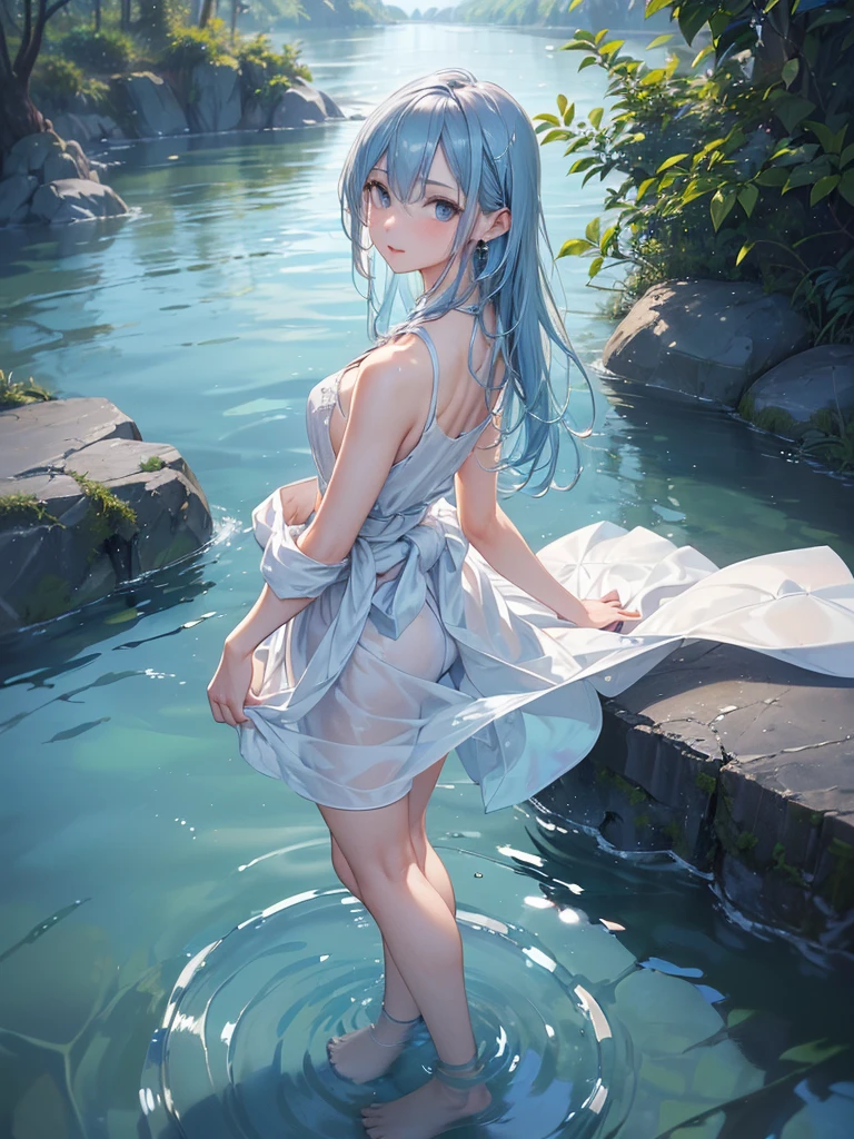 ((Biologically correct limb count)),(( From head to toe,Full-body photo including face)),4K,((Standing position)),masterpiece,((Focus on the face)),((Symmetrical facial features)),Eyes with detailed description,Beautiful woman,Great style,Beautiful arms,Beautiful legs,Beautiful Hands,(Small Ass,Thin thighs),Detailed depiction of the face,Small earrings,necklace,(White dress,((evening,Wading in the river up to the waist)),((blue blonde)),Realistic photo,Focus on the face,Dripping Water