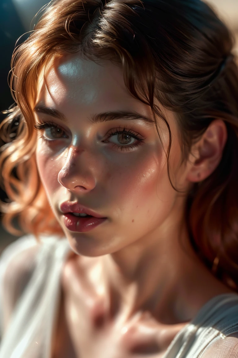 (((ultra realistic))) photoshot, work of art, Maximum quality, (Pale skin), (Rosto e olhos ultra detailds:1.3), 1 girl, on a t-shirt, (eye make up, mascara) , ((Detailed big lips)), ((pink wavy hair)), ((Chyolka)) , (natural breasts), Waist slender. ((posando)), photoshoot, studio (soft lighting), (The play of light and shadows), Depth of field, bokeh, (special attention to skin details: 1.2), Detailed leather texture, skin pore. (Airy frame atmosphere. Color range - delicate, Ablaze, offwhite, Tons rosa), dr, ((film grain)), ((lightning strikes)), ((sun glints)), ((Portrait from waist up, close to the camera)) , ultra detaild,