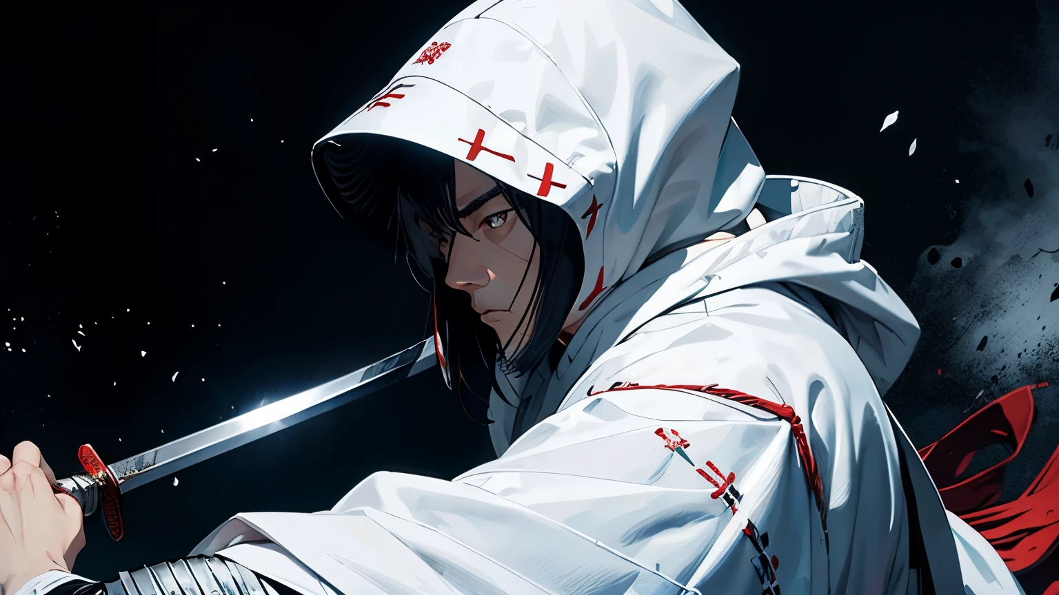 Wearing a white hood、Holding a sword、whole body、Kenshin Uesugi、４０age、Wearing intricately designed traditional samurai armor、
Famous people in Japanese history、He has a stern look、Has an intimidating presence