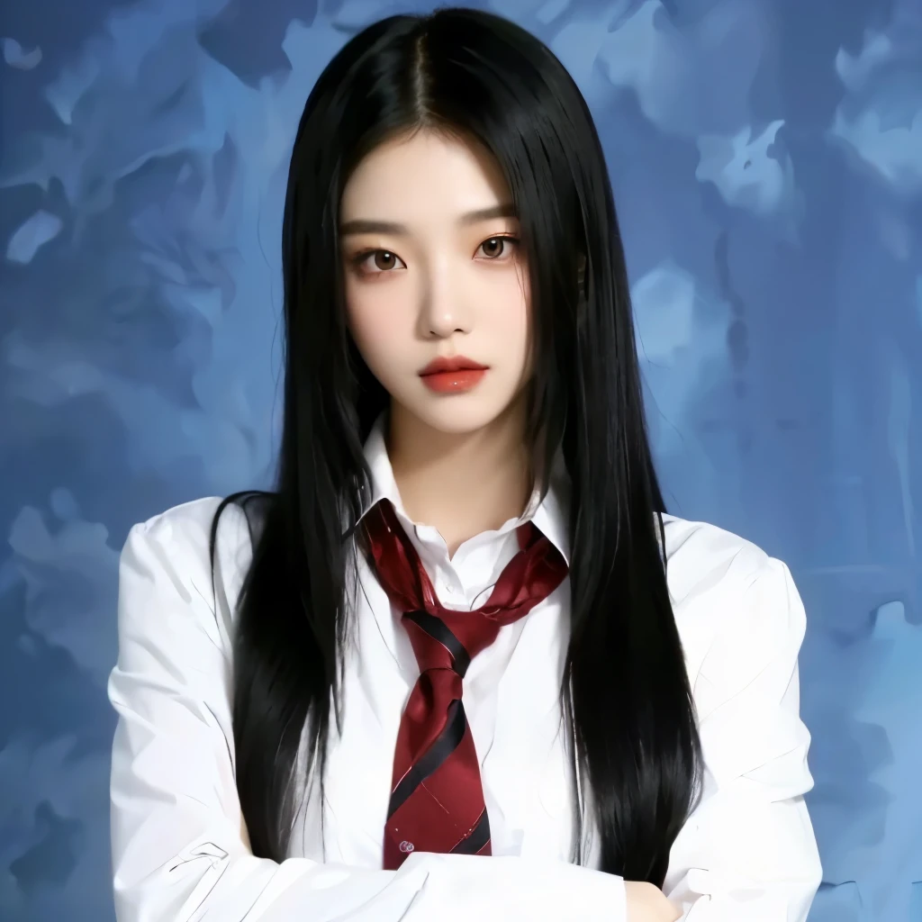 Arafed woman with long black hair and red tie., korean idol woman portrait, Portrait of Jossi from Blackpink, korean girl, cruel korean gothic girl, Kpop idol portrait, ulzzang, Jaeyeon Nam, black rose jisoo portrait, A hyperrealist , jennie pink black, sakimichan, iu lee ji-eun as supervillain, mujer cabello largo con flequillo, flequillo