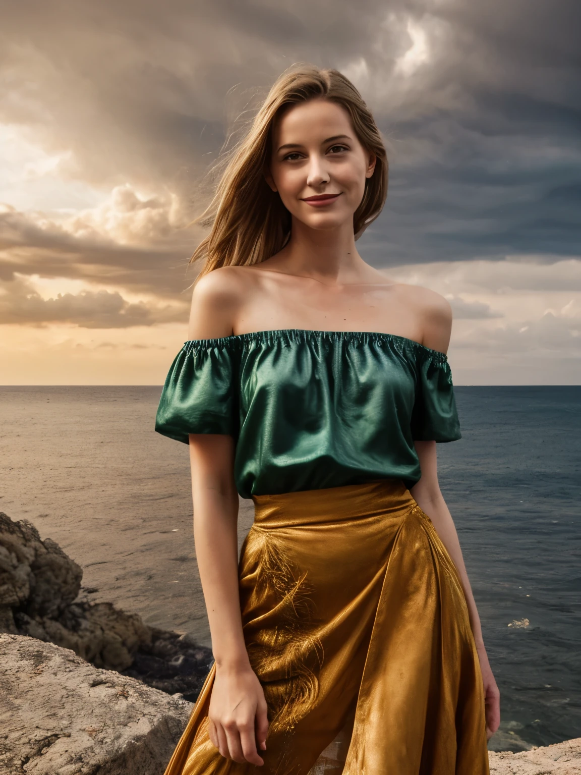 A young woman lies gracefully on the rugged coastline of Capri's rural coast, amidst a vibrant yet stormy autumn setting of the 1870s. Her attire consists of a distinctive paisley print off-the-shoulder top and a flowing maxi skirt, both detailed with unique colors and patterns that complement the dramatic autumn scenery. The off-the-shoulder top is crafted from a rich, deep emerald green silk with intricate paisley patterns in bronze and ochre. The fabric's sheen reflects the tumultuous light of the stormy sky, while the off-the-shoulder design reveals her collarbones with delicate elegance. The maxi skirt, made from a soft, rust-colored velvet, drapes around her with subtle movement, its luxurious texture contrasting with the stormy, wind-swept environment. The skirt's hem is adorned with a fringe of muted gold, adding a touch of refinement to the flowing fabric. Her hair is styled in soft, wavy blond locks that fall gracefully around her shoulders. The natural waves are slightly tousled by the strong coastal winds, with the occasional strand catching the dim light of the stormy sky. The buzz-cut at the nape of her neck adds a contemporary twist to her otherwise vintage attire. Her skin is a warm tan, with natural imperfections such as freckles and slight blemishes, highlighted by the golden and grey tones of the overcast sky. The stormy autumn landscape of the rural Ibiza coast is depicted with vivid colors and dramatic elements. The coastline is rugged and rocky, with cliffs jutting out into the turbulent sea below. The trees, mostly Mediterranean oaks and cypress, are in full autumn splendor, their leaves turning a fiery mix of oranges, reds, and deep browns. The storm has sent many of these leaves swirling through the air, creating a dynamic, swirling dance of color around the woman. The sky is heavily overcast with dark, brooding storm clouds, which intermittently release heavy showers and flashes of lightning, adding childish fun to the scene. woman smiling.