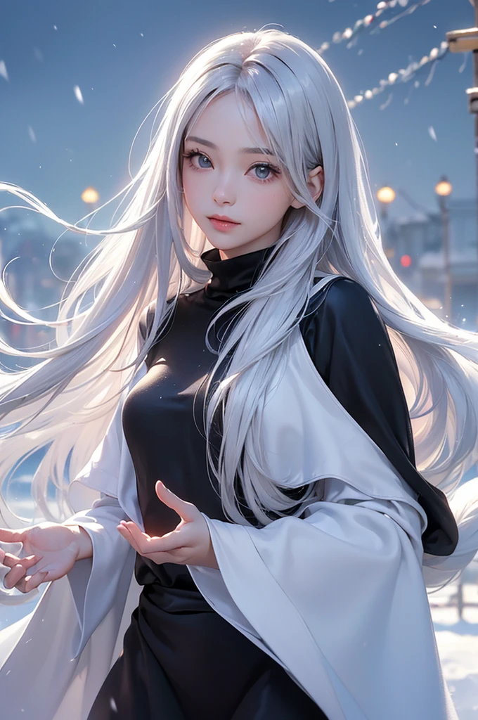 ((masterpiece:1.5、8k、Portraiture、フォトリアリスティックでVery detailedなCG、Very detailed、Particle Effects、Dynamic Effects、Shallow depth of field、Cinematic Light、Lens flare、Ray Tracing、Tabletop、Realistic:1.4、Ultra-high resolution:1.2、Realistic、Realistic))((alone、Woman wearing a cashmere coat:1.4、Elegant woman posing、Detailed face、bright表情、young, bright, Whiter skin、Ample breasts、Best Looks、Ultimate beauty、Shiny silver hair with highlights、bright and shiny hair,、Super long, Silky straight hair、Hair dancing in the wind))(morning、The setting is outdoors in the snow、Surrounded by illuminations)