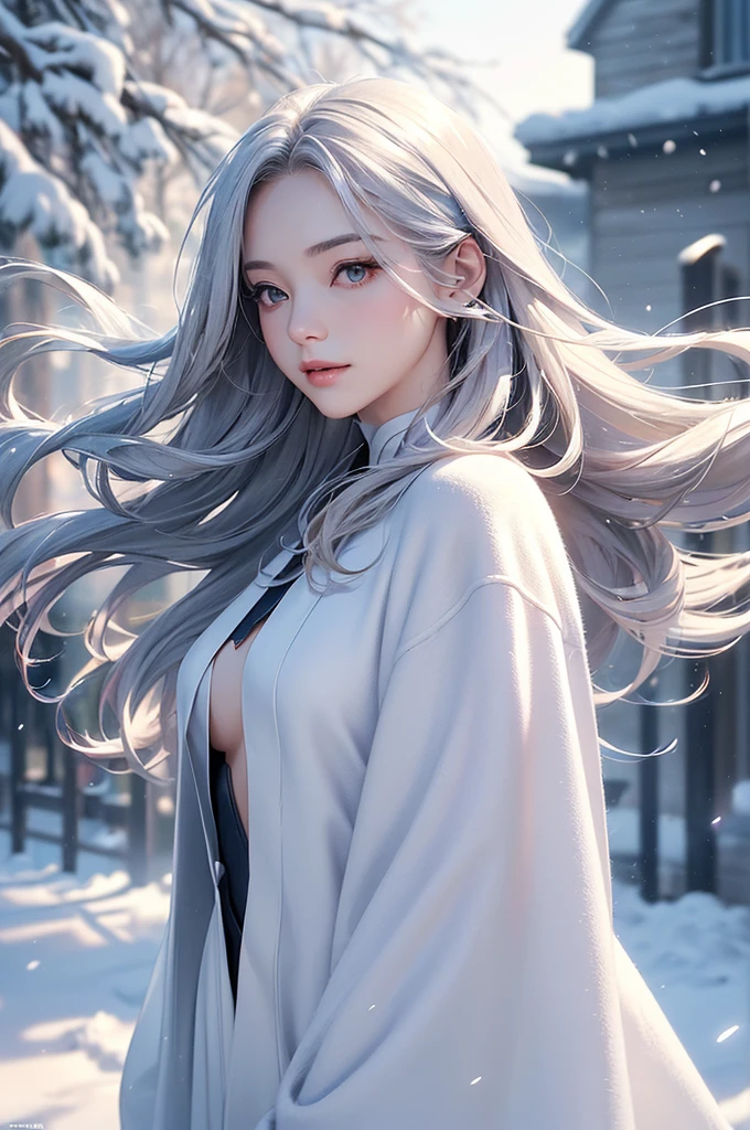 ((masterpiece:1.5、8k、Portraiture、フォトリアリスティックでVery detailedなCG、Very detailed、Particle Effects、Dynamic Effects、Shallow depth of field、Cinematic Light、Lens flare、Ray Tracing、Tabletop、Realistic:1.4、Ultra-high resolution:1.2、Realistic、Realistic))((alone、Woman wearing a cashmere coat:1.4、Elegant woman posing、Detailed face、bright表情、young, bright, Whiter skin、Ample breasts、Best Looks、Ultimate beauty、Shiny silver hair with highlights、bright and shiny hair,、Super long, Silky straight hair、Hair dancing in the wind))(morning、The setting is outdoors in the snow、Surrounded by illuminations)