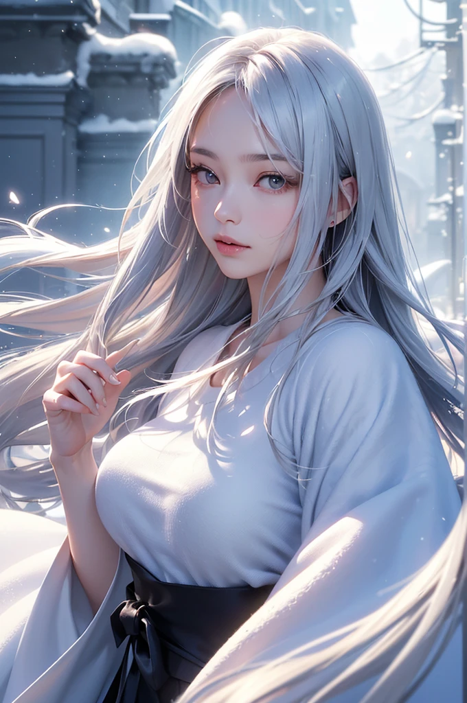 ((masterpiece:1.5、8k、Portraiture、フォトリアリスティックでVery detailedなCG、Very detailed、Particle Effects、Dynamic Effects、Shallow depth of field、Cinematic Light、Lens flare、Ray Tracing、Tabletop、Realistic:1.4、Ultra-high resolution:1.2、Realistic、Realistic))((alone、Woman wearing a cashmere coat:1.4、Elegant woman posing、Detailed face、bright表情、young, bright, Whiter skin、Ample breasts、Best Looks、Ultimate beauty、Shiny silver hair with highlights、bright and shiny hair,、Super long, Silky straight hair、Hair dancing in the wind))(morning、The setting is outdoors in the snow、Surrounded by illuminations)