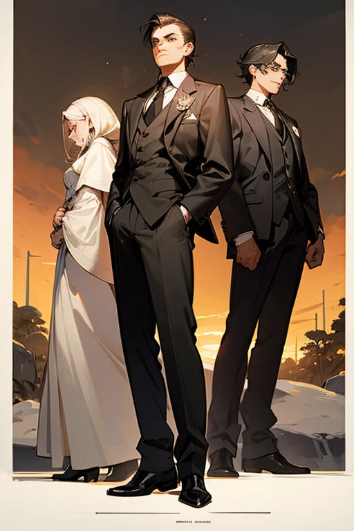 Three men on the left，Three women on the right