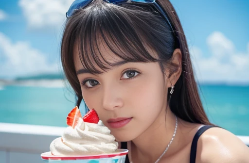 slimming women pink cute ruffled swimwear (wet wear:1.0) Bangs Junior High School Student Short Bob Du Smile 1 Person Eating shaved ice on an iceberg Electric fan Hair blown in the wind Ears Fan