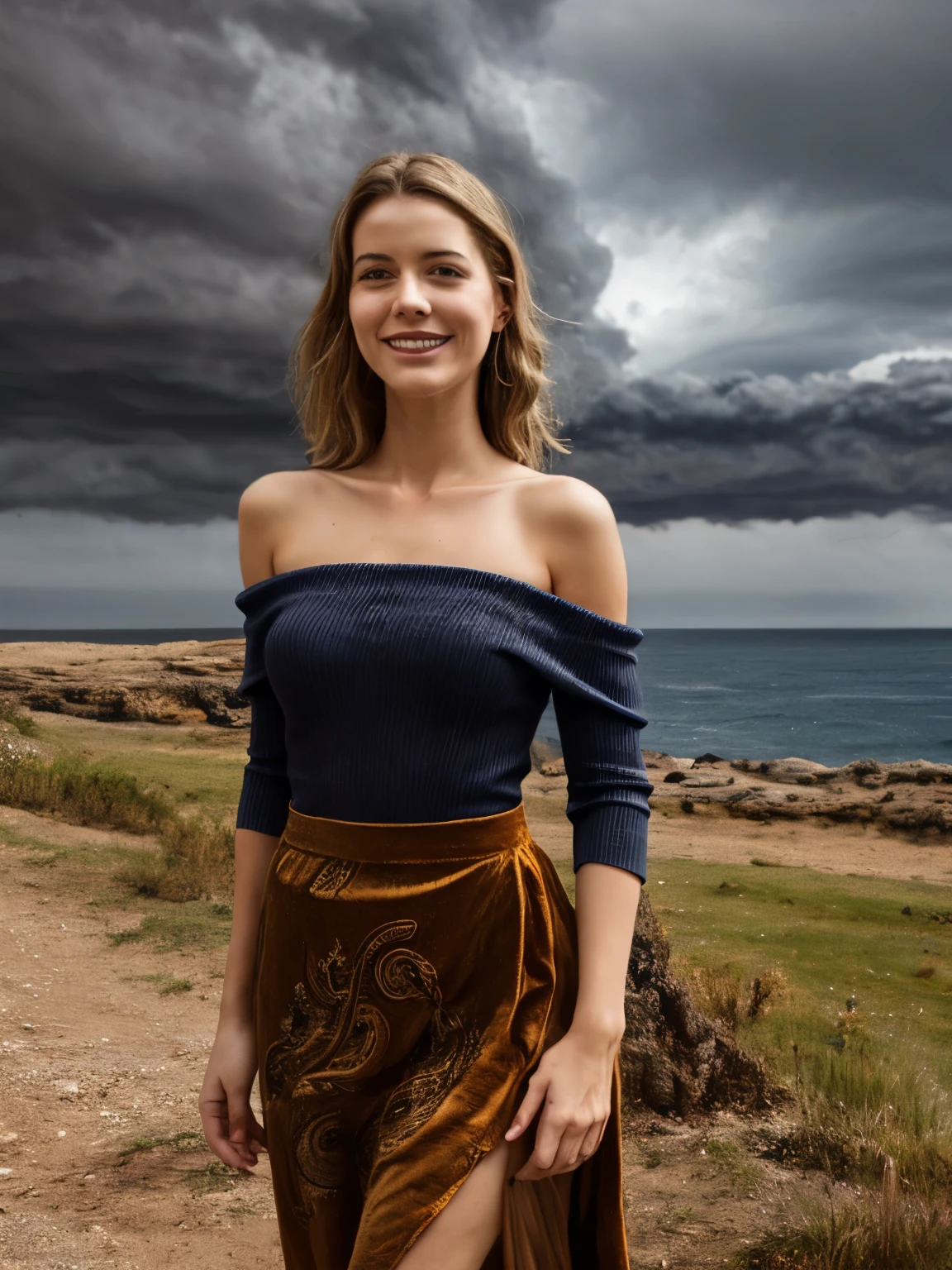 A young woman lies gracefully on the rugged coastline of Zypern rural coast, amidst a vibrant yet stormy autumn setting of the 1870s. Her attire consists of a distinctive paisley print off-the-shoulder top and a flowing maxi skirt, both detailed with unique colors and patterns that complement the dramatic autumn scenery. The off-the-shoulder top is crafted from a rich, deep emerald green silk with intricate paisley patterns in bronze and ochre. The fabric's sheen reflects the tumultuous light of the stormy sky, while the off-the-shoulder design reveals her collarbones with delicate elegance. The maxi skirt, made from a soft, rust-colored velvet, drapes around her with subtle movement, its luxurious texture contrasting with the stormy, wind-swept environment. The skirt's hem is adorned with a fringe of muted gold, adding a touch of refinement to the flowing fabric. Her hair is styled in soft, wavy blond locks that fall gracefully around her shoulders. The natural waves are slightly tousled by the strong coastal winds, with the occasional strand catching the dim light of the stormy sky. The buzz-cut at the nape of her neck adds a contemporary twist to her otherwise vintage attire. Her skin is a warm tan, with natural imperfections such as freckles and slight blemishes, highlighted by the golden and grey tones of the overcast sky. The stormy autumn landscape of the rural Ibiza coast is depicted with vivid colors and dramatic elements. The coastline is rugged and rocky, with cliffs jutting out into the turbulent sea below. The trees, mostly Mediterranean oaks and cypress, are in full autumn splendor, their leaves turning a fiery mix of oranges, reds, and deep browns. The storm has sent many of these leaves swirling through the air, creating a dynamic, swirling dance of color around the woman. The sky is heavily overcast with dark, brooding storm clouds, which intermittently release heavy showers and flashes of lightning, adding childish fun to the scene. woman smiling.