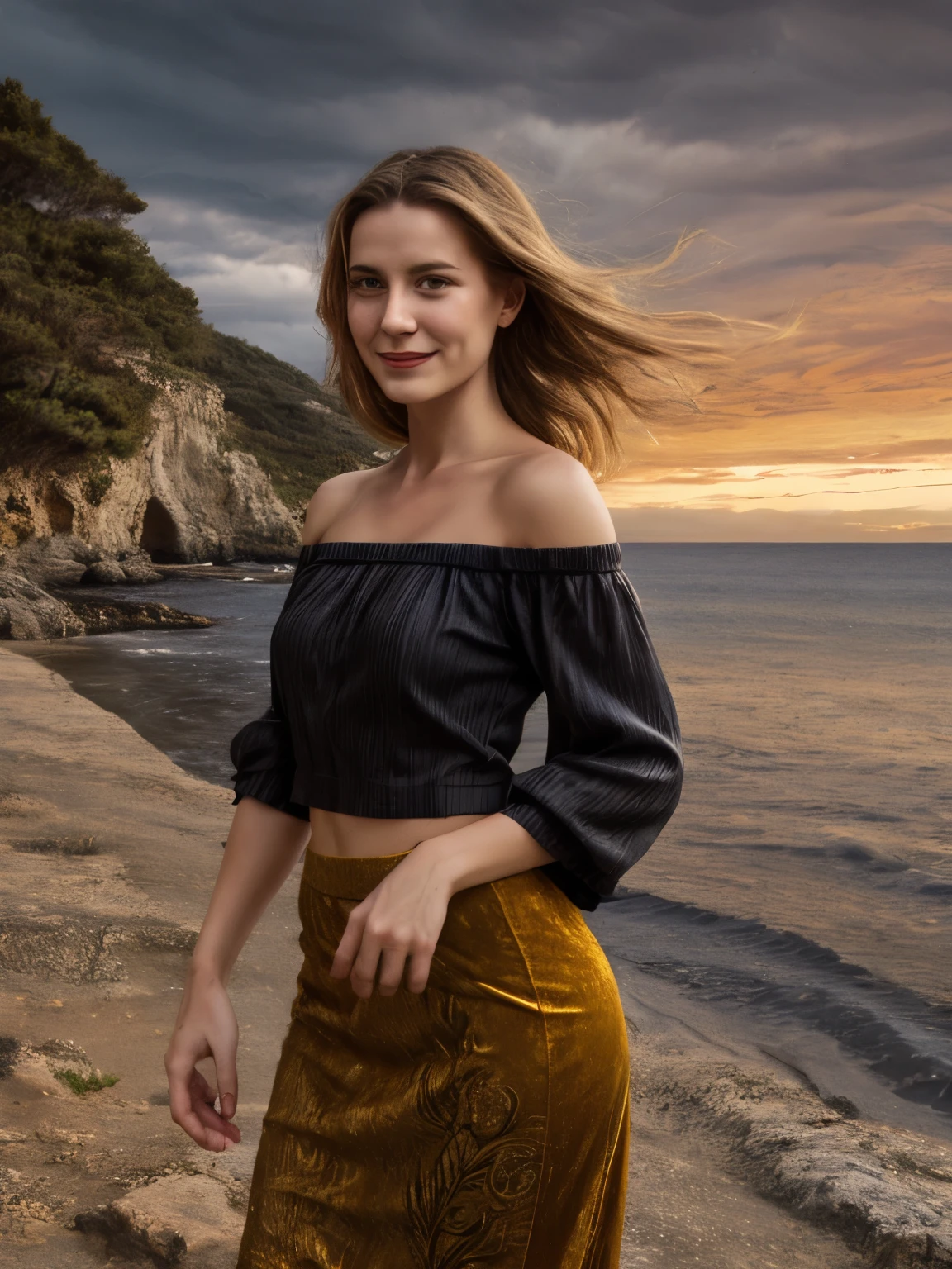 A young woman lies gracefully on the rugged coastline of Zypern rural coast, amidst a vibrant yet stormy autumn setting of the 1870s. Her attire consists of a distinctive paisley print off-the-shoulder top and a flowing maxi skirt, both detailed with unique colors and patterns that complement the dramatic autumn scenery. The off-the-shoulder top is crafted from a rich, deep emerald green silk with intricate paisley patterns in bronze and ochre. The fabric's sheen reflects the tumultuous light of the stormy sky, while the off-the-shoulder design reveals her collarbones with delicate elegance. The maxi skirt, made from a soft, rust-colored velvet, drapes around her with subtle movement, its luxurious texture contrasting with the stormy, wind-swept environment. The skirt's hem is adorned with a fringe of muted gold, adding a touch of refinement to the flowing fabric. Her hair is styled in soft, wavy blond locks that fall gracefully around her shoulders. The natural waves are slightly tousled by the strong coastal winds, with the occasional strand catching the dim light of the stormy sky. The buzz-cut at the nape of her neck adds a contemporary twist to her otherwise vintage attire. Her skin is a warm tan, with natural imperfections such as freckles and slight blemishes, highlighted by the golden and grey tones of the overcast sky. The stormy autumn landscape of the rural Ibiza coast is depicted with vivid colors and dramatic elements. The coastline is rugged and rocky, with cliffs jutting out into the turbulent sea below. The trees, mostly Mediterranean oaks and cypress, are in full autumn splendor, their leaves turning a fiery mix of oranges, reds, and deep browns. The storm has sent many of these leaves swirling through the air, creating a dynamic, swirling dance of color around the woman. The sky is heavily overcast with dark, brooding storm clouds, which intermittently release heavy showers and flashes of lightning, adding childish fun to the scene. woman smiling.
