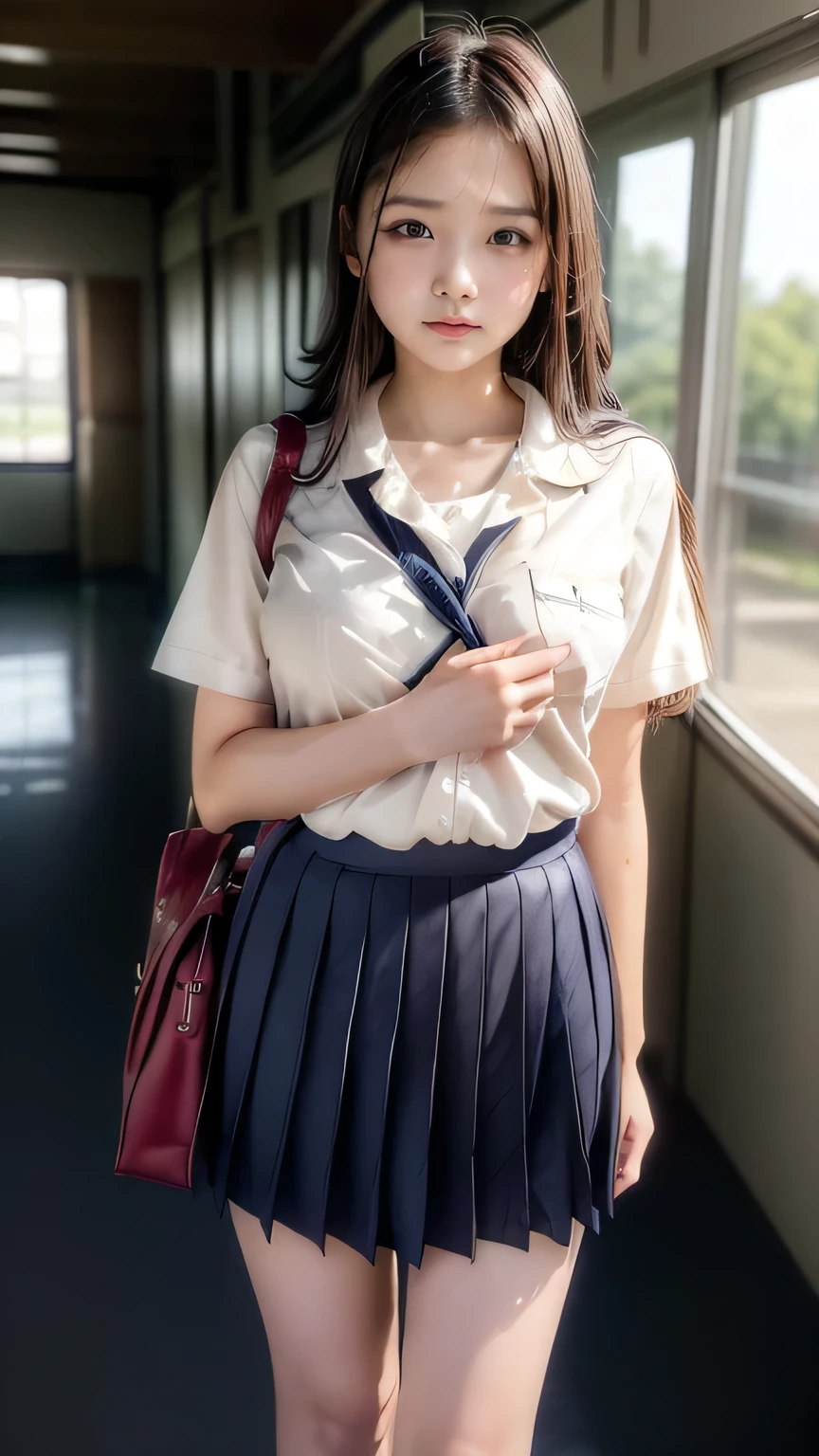 (High school girls walking in a Japanese school:1.2、indoor、Sitting on a chair in the classroom)、((school uniform、White blouse、(Navy blue checked pleated skirt:1.2)、Navy blue socks、loafers)、(Sports Bags、The strap of the bag passes between the chest、paisla:1.5)、(Realistic、Like a photograph、Live Action、8k, Realistic, RAW Photos, Best image quality: 1.4), Single-lens reflex camera、RAW Photos, Highest quality, Realistic, Highly detailed CG Unity 8k wallpaper, Written boundary depth, Cinematic Light, Lens flare, Ray Tracing, Realistic background、((Ultra-Dense Skin))、 16 year old girl after school,cute Japanese、(whole body:1.5)、Very detailedな顔，avert your eyes:1.1、(Long Hair:1.2、My hair is blowing in the wind:1.4)、I like that style、stylish、Very detailed、Pay attention to the details、Perfect outfit、(Sunburned skin)、View from above、Accurate hands、Accurate legs、Detailed hands and fingers、Anatomically correct body、Thin legs、Thin thighs、Small breasts、Super detailed face