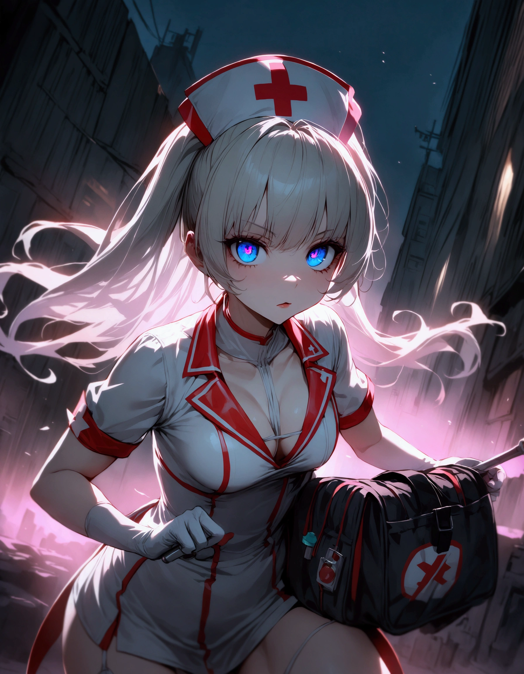 A super heroine (nurse themed outfit, athletic, amazing eyes, tool bag for surgery) in a heroic pose, aliens invade Tokyo
