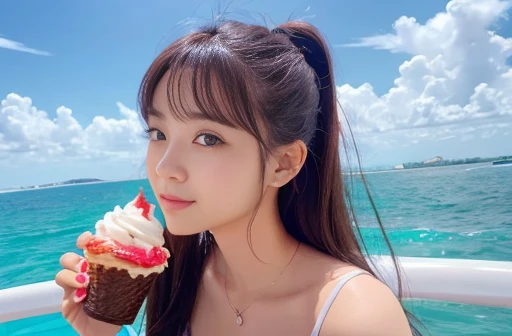 Highest quality,4K,Beautiful woman、Cute eyes,A shortcake is placed on top of the soft serve ice cream.、A girl holding a large soft serve ice cream、port、Eat soft serve ice cream while gazing at the sea、Cute girl、