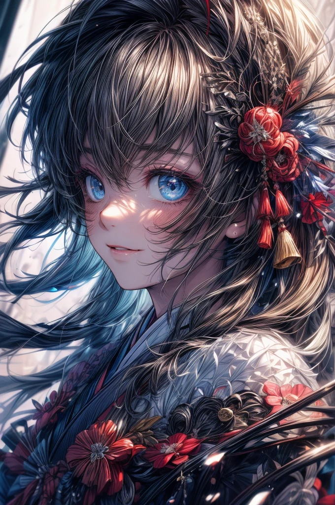 (Tabletop.Highest quality).(Dynamic Angle). (Amazingly detailed CG paintings),(Perfect image)、Comic Strip.shape.One Girl.Detailed face、Perfect Face.Delicate face、Textured skin、Black Hair,Very long straight hair,((Beautiful Blue Eyes)).Delicate and beautiful eyes、The eyes are detailed、Reflective eyes、Watery eye、smile.(My face got a little red:0.8)、8k wallpaper、(((Cowboy Shot)))、reflected light、Attention to detail、Complex、Delicate background、Textured skin、Detailed skin、Twelve-layered kimono((Colorful Japanese Kimono)),Looking up at the moonlit night with a sad face,Very long hair,