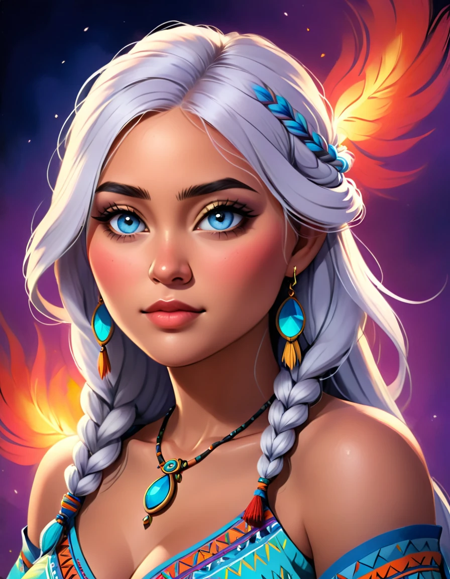beautiful busty long white braided hair tribal woman portrait illustration, (best quality,4k,8k,highres,masterpiece:1.2),ultra-detailed,(realistic,photorealistic,photo-realistic:1.37),HDR,UHD,studio lighting,ultra-fine painting,sharp focus,physically-based rendering,extreme detail description,professional,vivid colors,bokeh,highly detailed,intricate,digital painting,oil painting,chiaroscuro,dramatic lighting,ethereal,mystical,serene,elegant