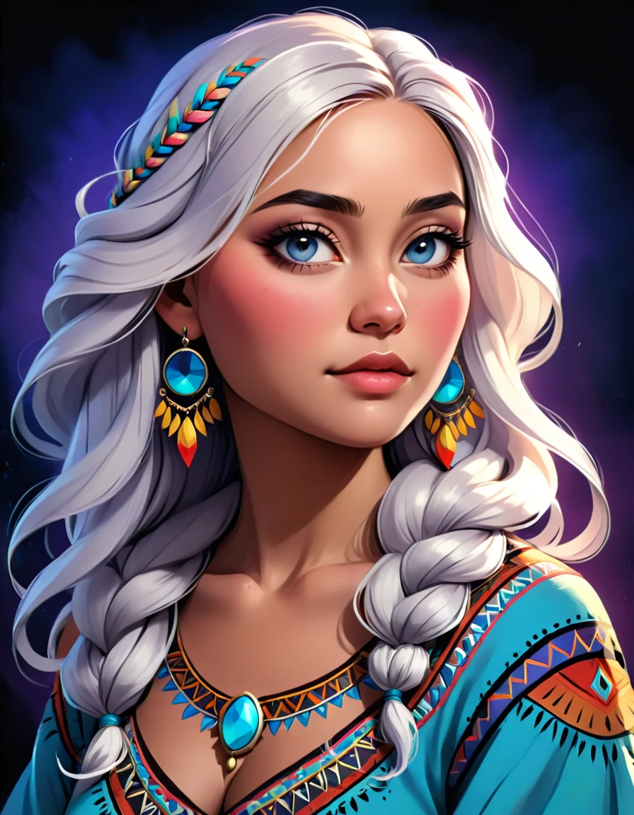 beautiful busty long white braided hair tribal woman portrait illustration, (best quality,4k,8k,highres,masterpiece:1.2),ultra-detailed,(realistic,photorealistic,photo-realistic:1.37),HDR,UHD,studio lighting,ultra-fine painting,sharp focus,physically-based rendering,extreme detail description,professional,vivid colors,bokeh,highly detailed,intricate,digital painting,oil painting,chiaroscuro,dramatic lighting,ethereal,mystical,serene,elegant