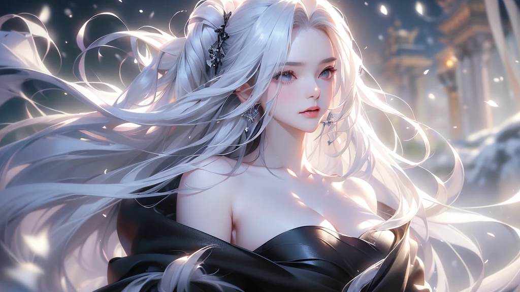 ((Above the knees image:1.5、Zoom out))((masterpiece:1.5、8k、Tabletop、フォトリアリスティックでVery detailedなCG、Very detailed、Particle Effects、Dynamic Effects、Shallow depth of field、Cinematic Light、Lens flare、Ray Tracing、Tabletop、Realistic:1.4、Ultra-high resolution:1.2、Realistic、Realistic))((alone, 1 girl、A woman wearing a black cashmere coat over an off-the-shoulder dress:1.4、Elegant woman posing、Detailed face、bright表情、young, bright, Whiter skin、Medium chest、Beautiful cleavage、Small waist、Best Looks、Asian、Ultimate beauty、bright and shiny hair,、Super long, Silky straight hair、Hair dancing in the wind))(morning、The setting is a snow-covered temple、Crystal of snow)((shiny white hair))