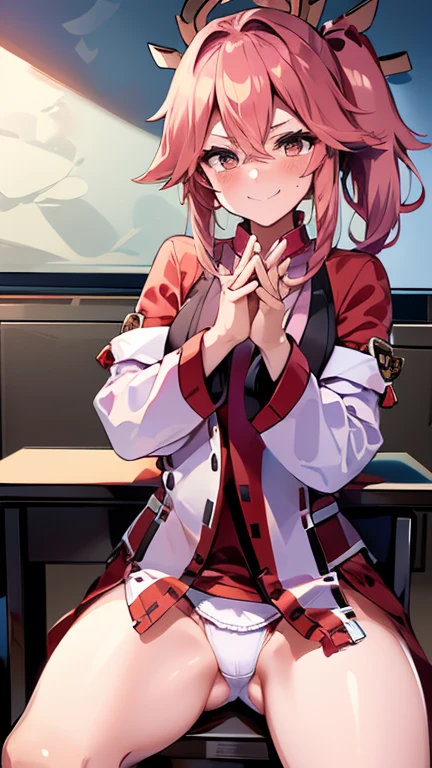 (masterpiece, 4K resolution, ultra-realistic, Very detailed), Girl、、12 years old、blazer、Sit on a chair、classroom、Holding white panties with both hands、smile、Black Hair、Side Ponytail、Brown eyes,holding panties,presenting panties.Perfect Fingers、tie、pussy、Blushing、Embarrassing、Embarrassed