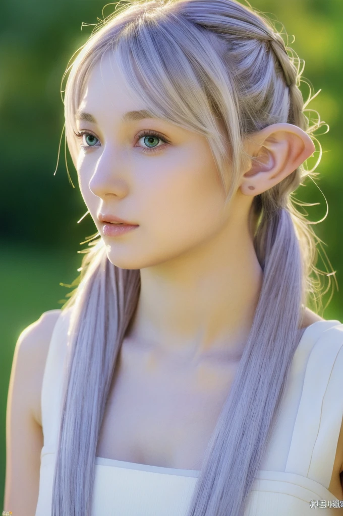 èèè®,1girl,solo,elf,white hair,grey hair,earrisleeveless dress,white dress,sleeveless dress,bare shoulders,collarbone,ngs,pointy ears,long hair,ponytail,green eyes,twintails,parted bangs,thick eyebrows,nsfw,small breasts,cleavage,nsfw, 20yo,Young female,Beautiful Finger,Beautiful long legs,Beautiful body, pregnant, pregnant belly, Beautiful Nose,Beautiful character design, perfect eyes, perfect face,expressive eyes,
looking at viewer,
official art,extremely detailed CG unity 8k wallpaper, perfect lighting,Colorful, Bright_Front_face_Lighting,shiny skin,
(masterpiece:1.0),(best_quality:1.0), ultra high res,4K,ultra-detailed,
photography, 8K, HDR, highres, absurdres:1.2, Kodak portra 400, film grain, blurry background, bokeh:1.2, lens flare, (vibrant_color:1.2), (beautiful_face:1.5),(narrow_waist), ,NSFW,, Exquisite visuals, high-definition,masterpiece,best quality,