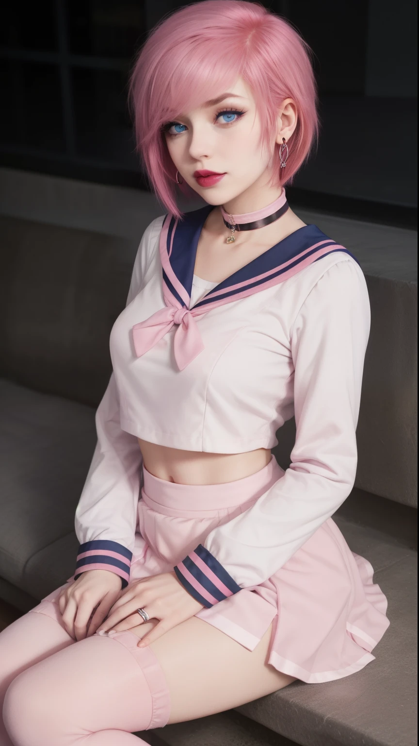 woman, short emo_hairstyle, pink hair, pink sailor uniform, pink skirt, pink stockings, hoop earrings, breasts, sitting, long sleeves, blue eyes, lipstick, looking at viewer, choker
