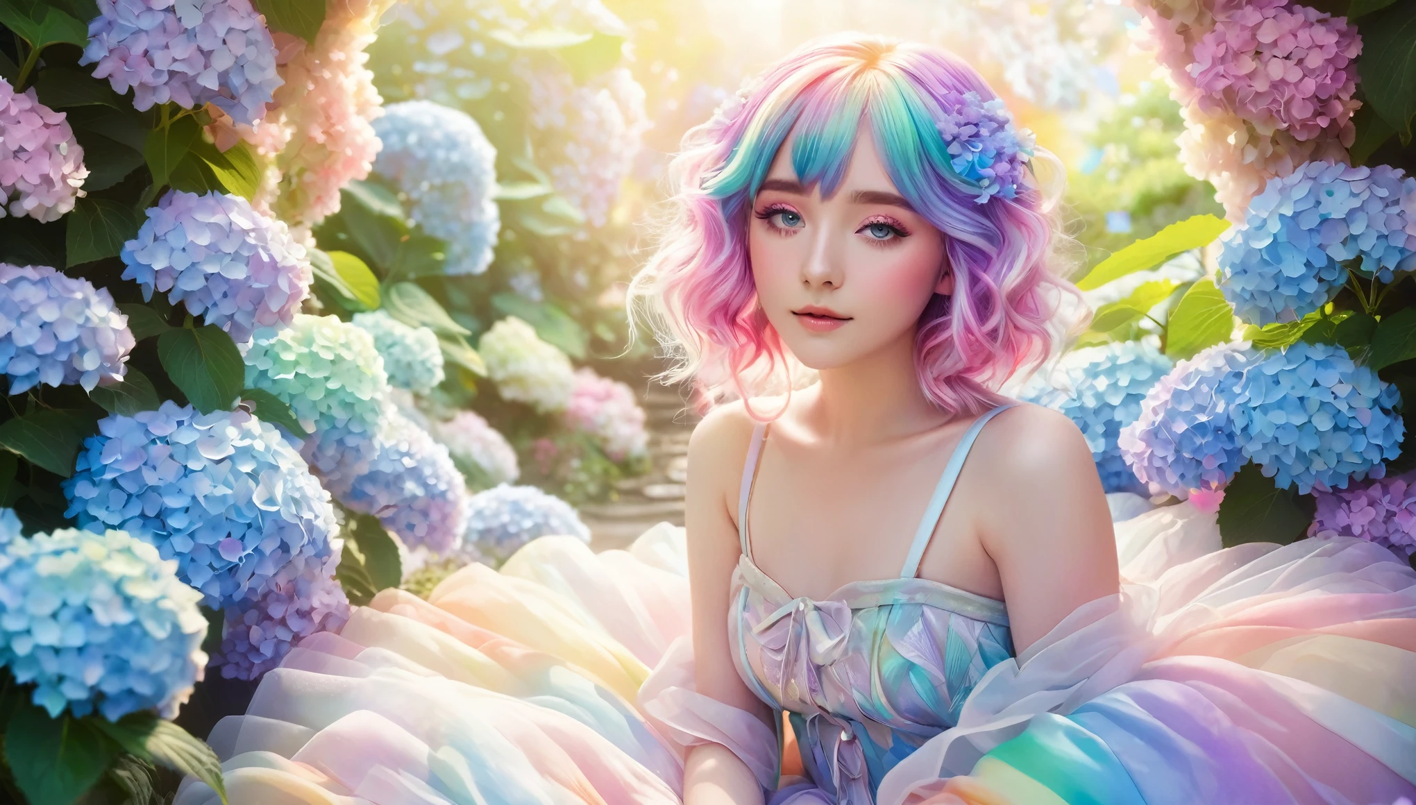 A beautiful anime girl with rainbow hair and eyes is resting in a magical garden. She is surrounded by pastel-colored hydrangeas, and a double rainbow arches over the scene. The style is light and dreamy, with a soft focus and ethereal quality.
