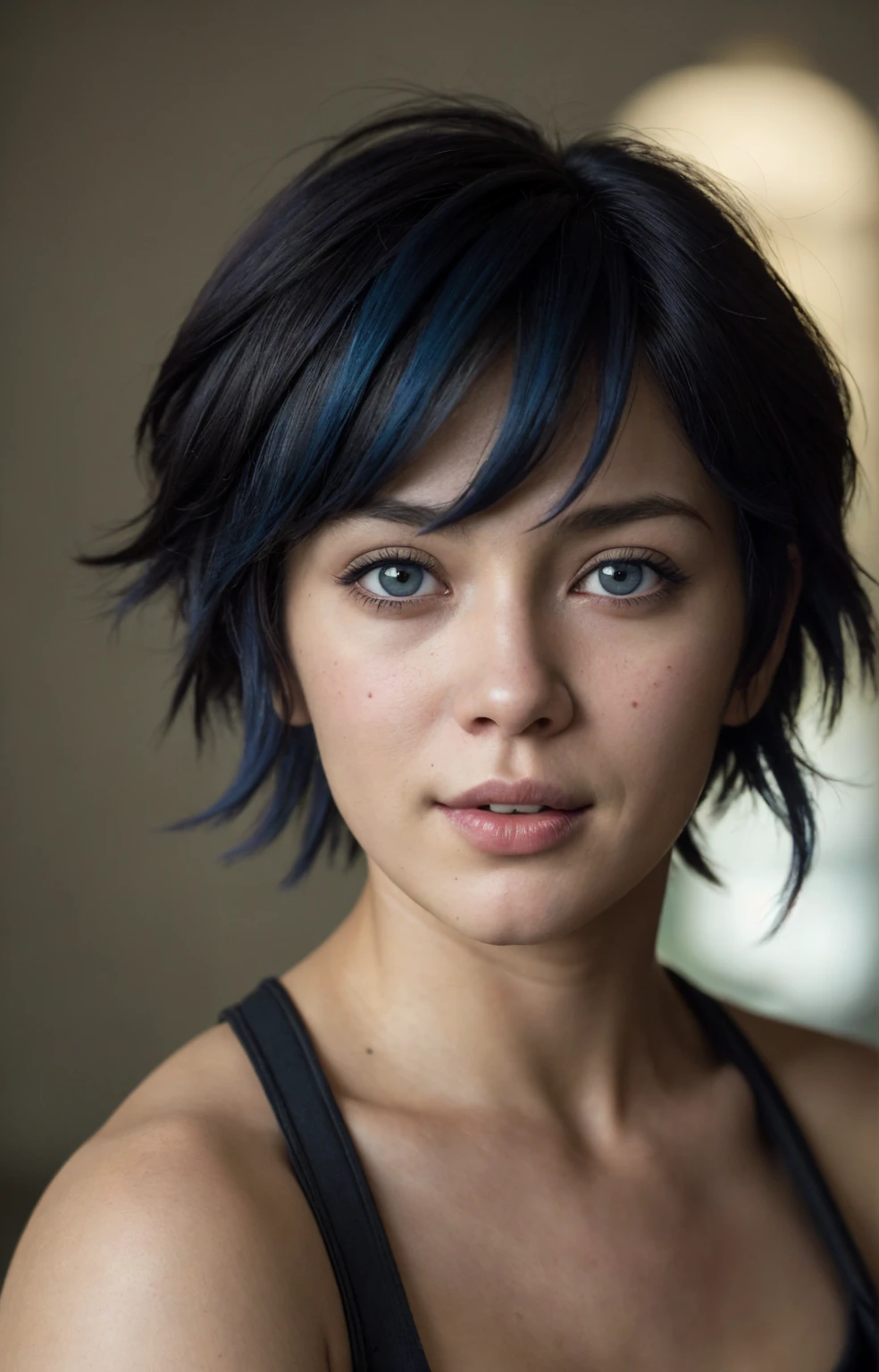 (Close-up, editorial photograph of a 21 year old woman), (highly detailed face:1.4) (smile:0.7) (background inside dark, moody, private study:1.3) POV, by lee jeffries, nikon d850, film stock photograph ,4 kodak portra 400 ,camera f1.6 lens ,rich colors, hyper realistic ,lifelike texture, dramatic lighting , cinestill 800, wavy hair, messy hair, signature short pixie hair cut with bangs, Motoko Kusanagi hairstyle, Mischievous smirk, Blue hair, Blue Eyes, White Skin, black shirt, Motoko Kusanagi Black Jacket from SAC: 2045, Sci Fi, Cyberpunk, Futurism, Ghost in the Shell, Astral Plane, European expressions, European woman, European skin