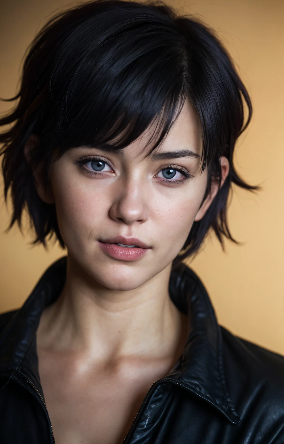 (Close-up, editorial photograph of a 21 year old woman), (highly detailed face:1.4) (smile:0.7) (background inside dark, moody, private study:1.3) POV, by lee jeffries, nikon d850, film stock photograph ,4 kodak portra 400 ,camera f1.6 lens ,rich colors, hyper realistic ,lifelike texture, dramatic lighting , cinestill 800, wavy hair, messy hair, signature short pixie hair cut with bangs, Motoko Kusanagi hairstyle, Mischievous smirk, Blue hair, Blue Eyes, White Skin, black shirt, Motoko Kusanagi Black Jacket from SAC: 2045, Sci Fi, Cyberpunk, Futurism, Ghost in the Shell, Astral Plane, European expressions, European woman, European skin