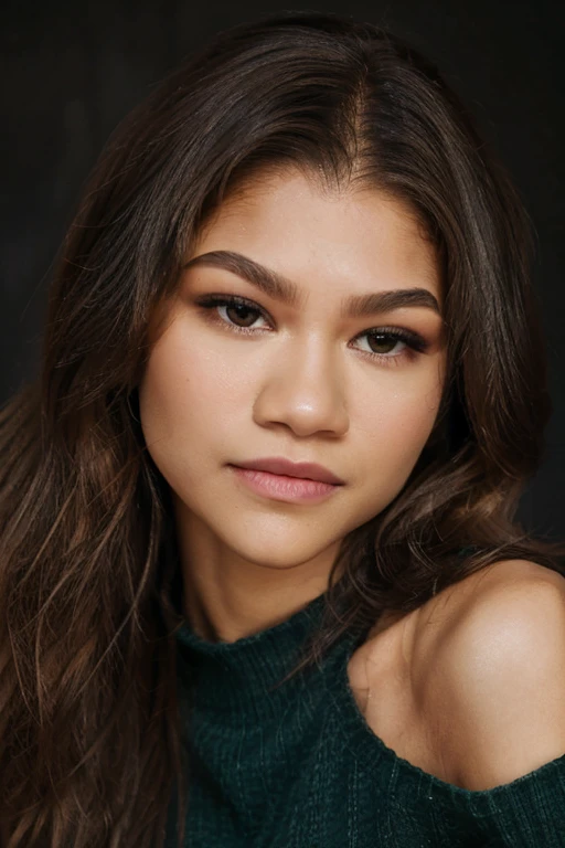 zendaya, zendaya wearing off shoulder sweater, skinny, long hair, charly_jordan:0.6, green off shoulder sweater, head shot, close up, upper body, black background, late-twenty, age:27, 27 year old, portrait,