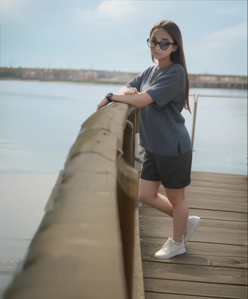 beautiful girl, girl standing on the pier, the girl put her hand on the fence, beautiful photo on the river, Realism, girl looking at the camera, Girl in glasses, girl stands leaning on the fence, девушка в солнцезащитных очках