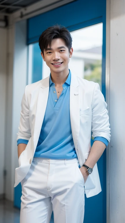 solo , 1man , thai man , white jacket , blue shirt with collar , blue Long pants , smile 