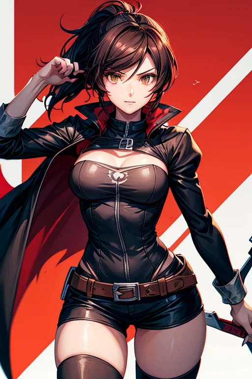 combine summer from rwby and qrow from rwby into a female character in her huntress outfit. more clothing please. needs a slightly darker tone of setting of character. ponytail and black cape