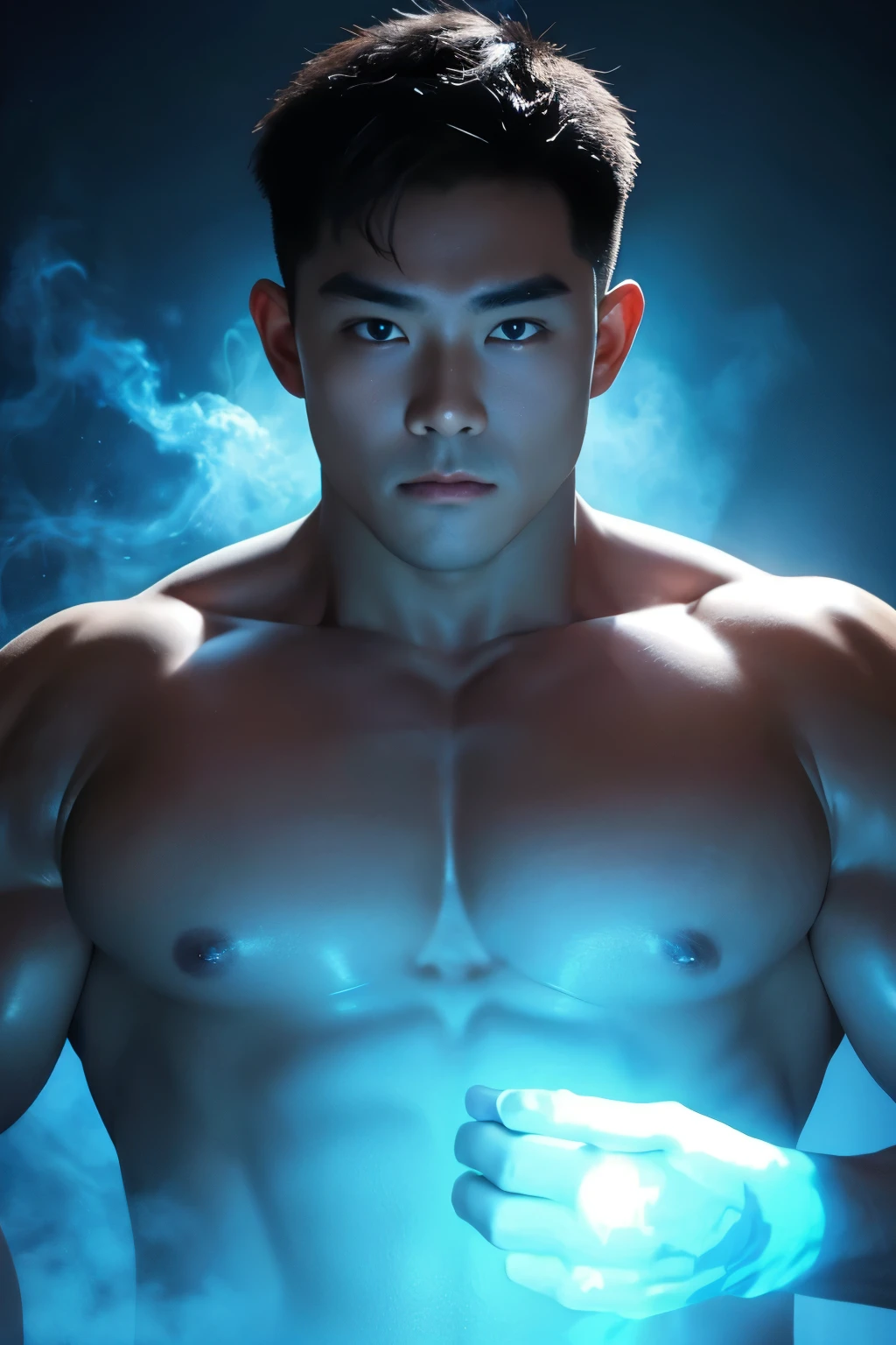 A chinese man with blue mists surrounding his eyes. Hunky, beefy, muscled, wide, hunkt. There's a unnatural diamond-blue glow in his eyes