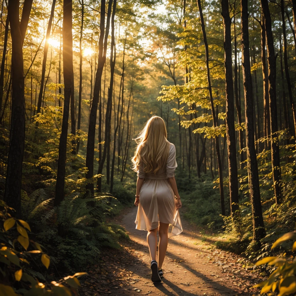 blonde woman walking away with exposed vagina in a beautiful Forest at sunset