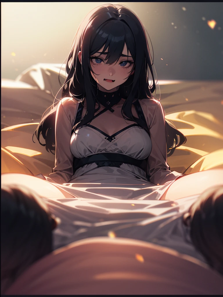 ((masterpiece, best quality, highres, UHD, perfect pixel)), Sakurajima mai, long hair, bangs, black hair, ((smooth texture:0.8, realistic texture:0.8)), ((medium breasts, cleavage)), (indoor, bedroom), busty, perfect body, ((fall asleep on the bed, supine, sleep beauty, closed eyes, closed mouth)), ((close up, POV, shot on face)), blushing, ((nightgown, black dress)), natural light