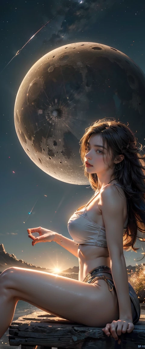 ((masterpiece, best quality, Highest image quality, high resolution, Reality, RAW photos, 8K)), ((Extremely detailed CG unified 8k wallpaper)), floating, Night sky,A woman sitting on a huge crescent moon,Side View,