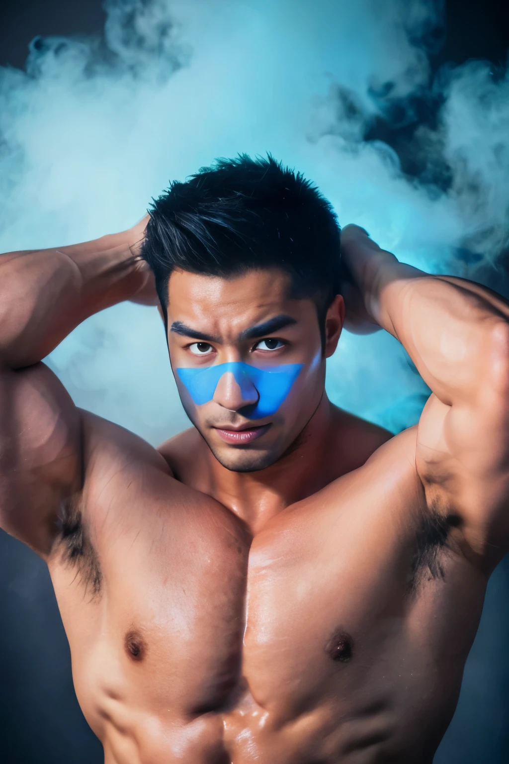 A chinese man with blue mists surrounding his eyes. Hunky, beefy, muscled, wide, hunk, muscularchestandsix packs. There's a unnatural diamond-blue glow in his eyes