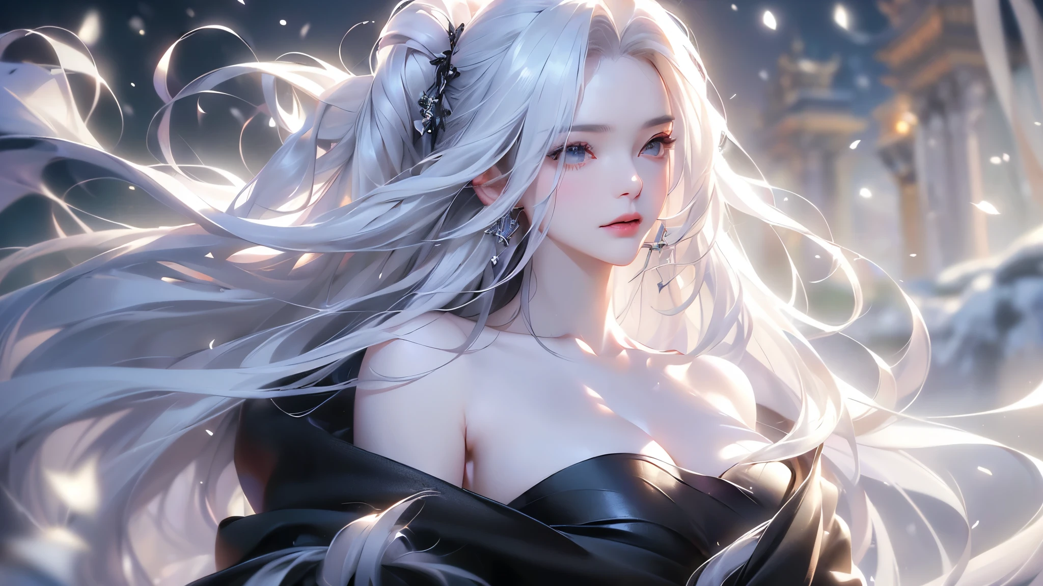 ((Above the knees image:1.5、Zoom out))((masterpiece:1.5、8k、Tabletop、フォトリアリスティックでVery detailedなCG、Very detailed、Particle Effects、Dynamic Effects、Shallow depth of field、Cinematic Light、Lens flare、Ray Tracing、Tabletop、Realistic:1.4、Ultra-high resolution:1.2、Realistic、Realistic))((alone, 1 girl、A woman wearing a black cashmere coat over an off-the-shoulder dress:1.4、Elegant woman posing、Detailed face、bright表情、young, bright, Whiter skin、Medium chest、Beautiful cleavage、Small waist、Best Looks、Asian、Ultimate beauty、bright and shiny hair,、Super long, Silky straight hair、Hair dancing in the wind))(morning、The setting is a snow-covered temple、Crystal of snow)((shiny white hair))