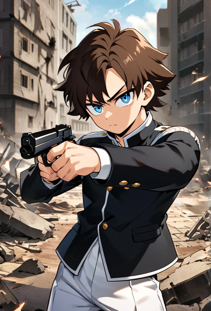 A serious brown-haired, Wavy shoulder-length blue-eyed  boy, With a black jacket with white details and white pants, With a gun in each hand, in a cool pose, with the buildings behind destroyed by the battle, Boku no hero academy style