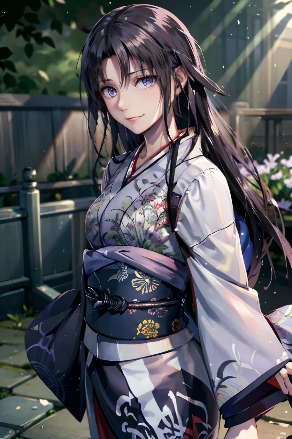 (((A Looks sickly))),Japanese nobility. 1940s with wet raven hair and light purple eyes,Walking around the garden,smileing,Wearing a kimono
