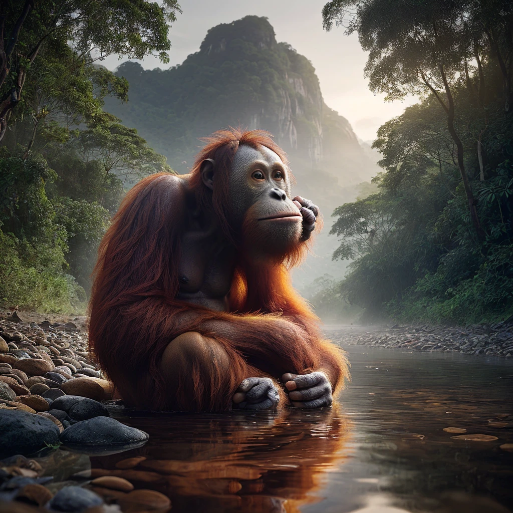 An orangutan resting on banana and some tropical fruits, using the macro photography effect