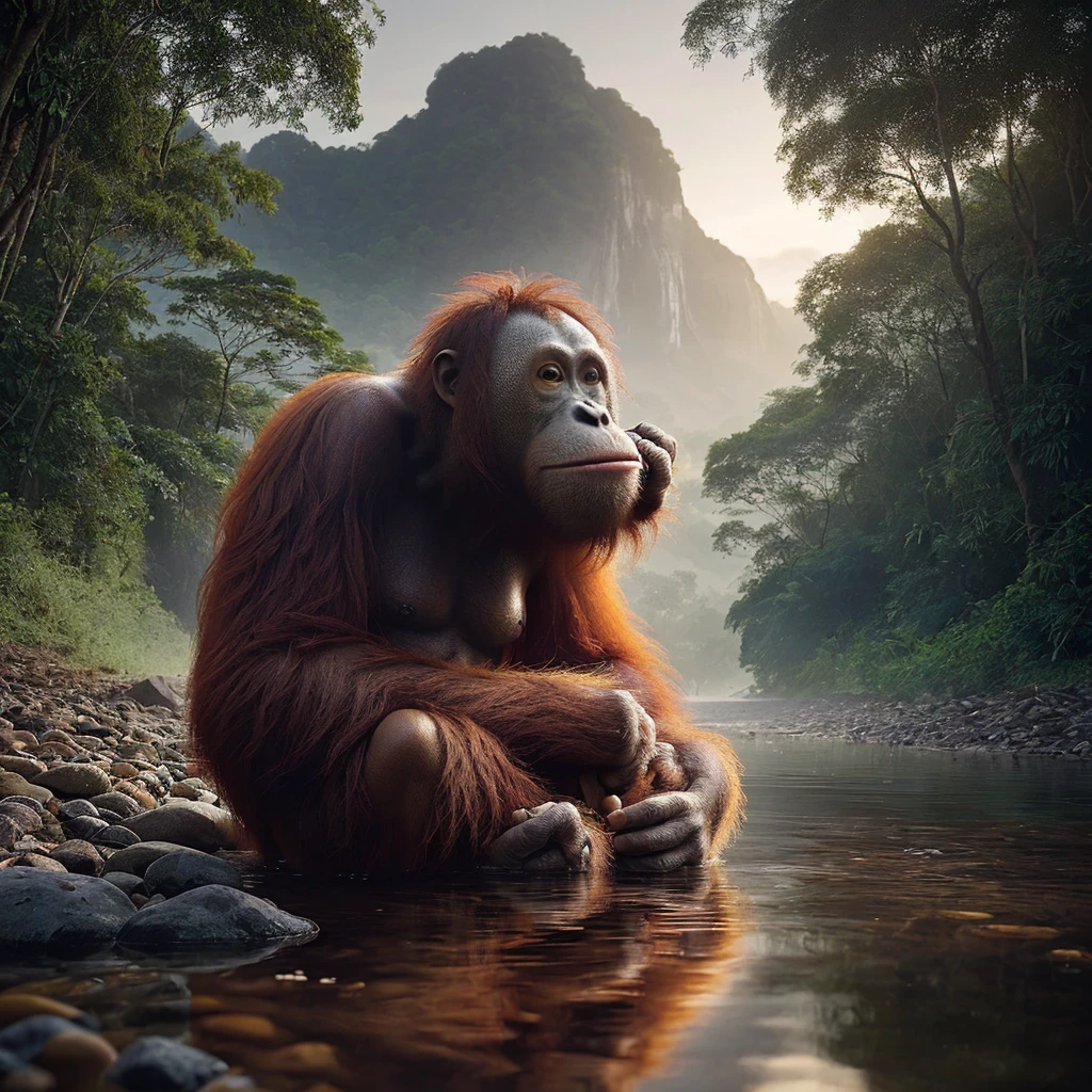 An orangutan resting on banana and some tropical fruits, using the macro photography effect