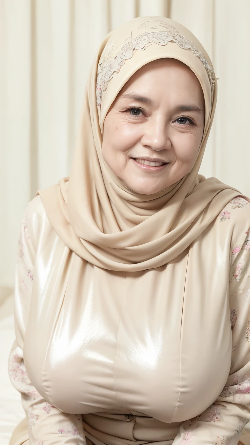 Purple Lips, ((smile)), ((Naked Colourfull)), ((Old Lady :1.6)), (((VERY SHINY SKIN))), Very cute like a Matured Lady, ((Stylish Hijab)), adorable, 1 girl, 55 years old, baby face, shy, half body portrait,smile,  (face details: 1), (eye details: 1), ((round large breasts, cleavage)). Cute posed. proportional body. Ultra High Res. (realistic: 2), UHD, ((SHINY SKIN :1.4)), ((Floral Pattern)).