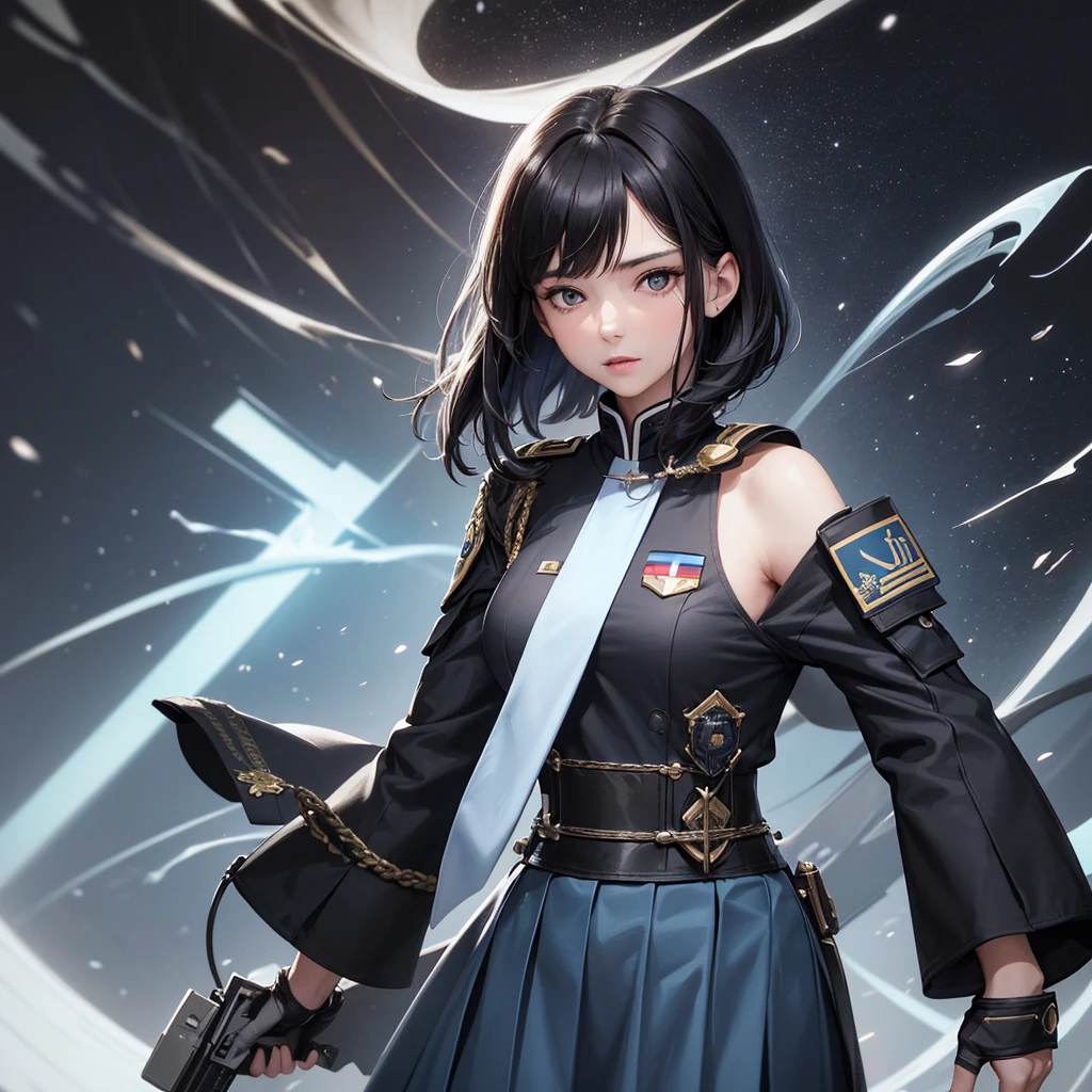 (highest resolution, distinct_image), best quality, masterpiece, highly detailed, semi realistic, a woman with black shoulder length hair, black pupils, mature, mature woman, imperial sister, sexy, short hair, triple bangs, light blue uniform, light blue uniform jacket, soldier, light blue pleated skirt, military uniform, fighter front, future, science fiction, universe