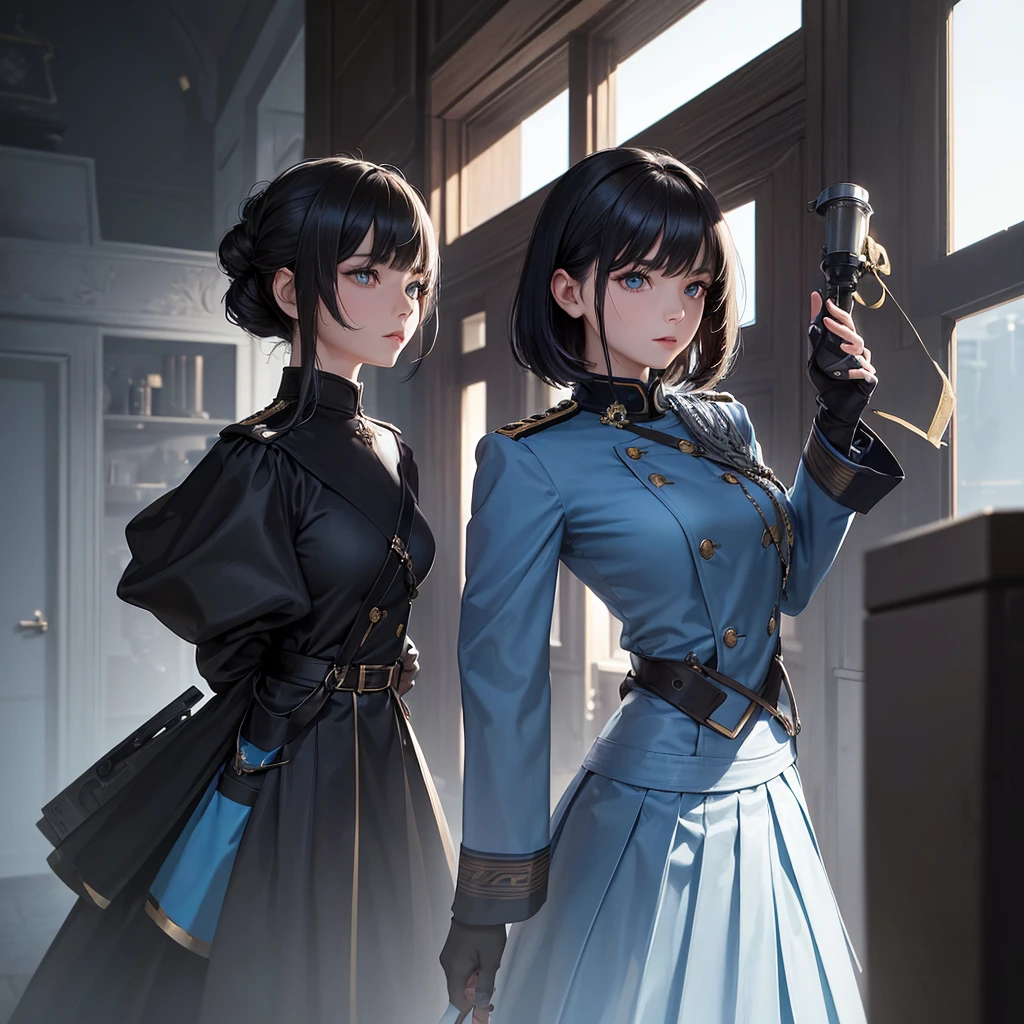(highest resolution, distinct_image), best quality, masterpiece, highly detailed, semi realistic, a woman with black shoulder length hair, black pupils, mature, mature woman, imperial sister, sexy, short hair, triple bangs, light blue uniform, light blue uniform jacket, soldier, light blue pleated skirt, military uniform, fighter front, future, science fiction, universe