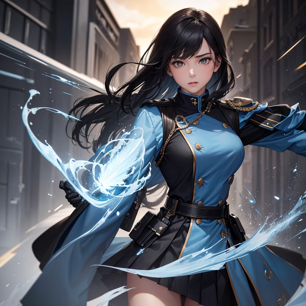(highest resolution, distinct_image), best quality, masterpiece, highly detailed, semi realistic, a woman with black shoulder length hair, black pupils, mature, mature woman, imperial sister, sexy, short hair, triple bangs, light blue uniform, light blue uniform jacket, soldier, light blue pleated skirt, military uniform, fighter front, future, science fiction, universe