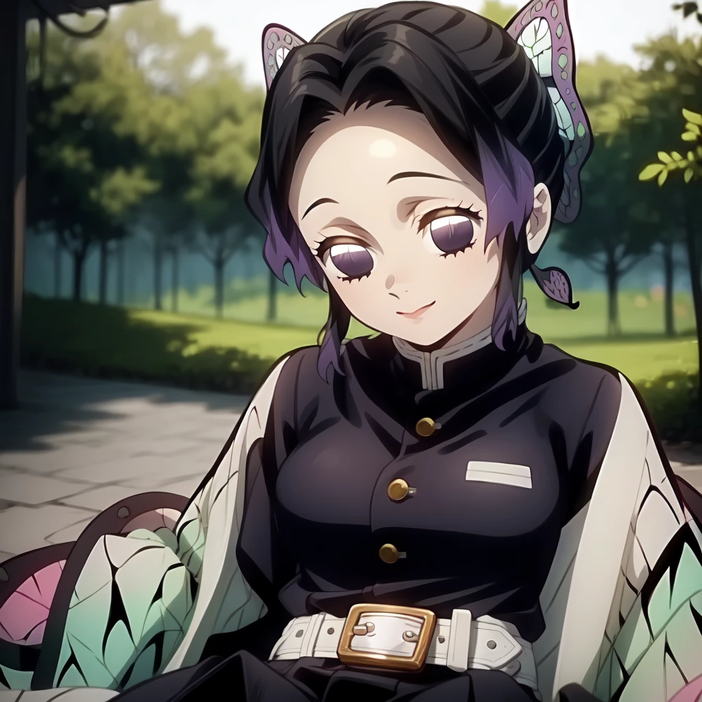 best quality, masterpiece, intricate detail, bokeh, ShinobuDB, demon slayer uniform, haori, japanese clothes, jacket, long sleeves, belt, black jacket, uniform, pants, belt buckle, buckle, portrait, expressionless, sit, smile,